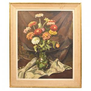 BLUMENBILDER, FRÜHES 20. JAHRHUNDERT, ZINNIENVASE, ÖL AUF HARTFASERPLATTE. (QF248)
